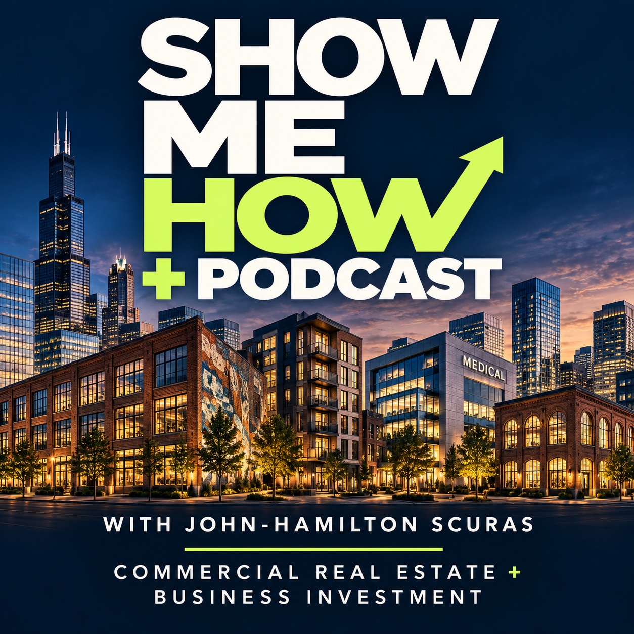 Show Me How + Podcast with John-Hamilton Scuras, above a representative cityscape of high-rises, creative lofts, multifamily, medical offices, and arts and event properties.